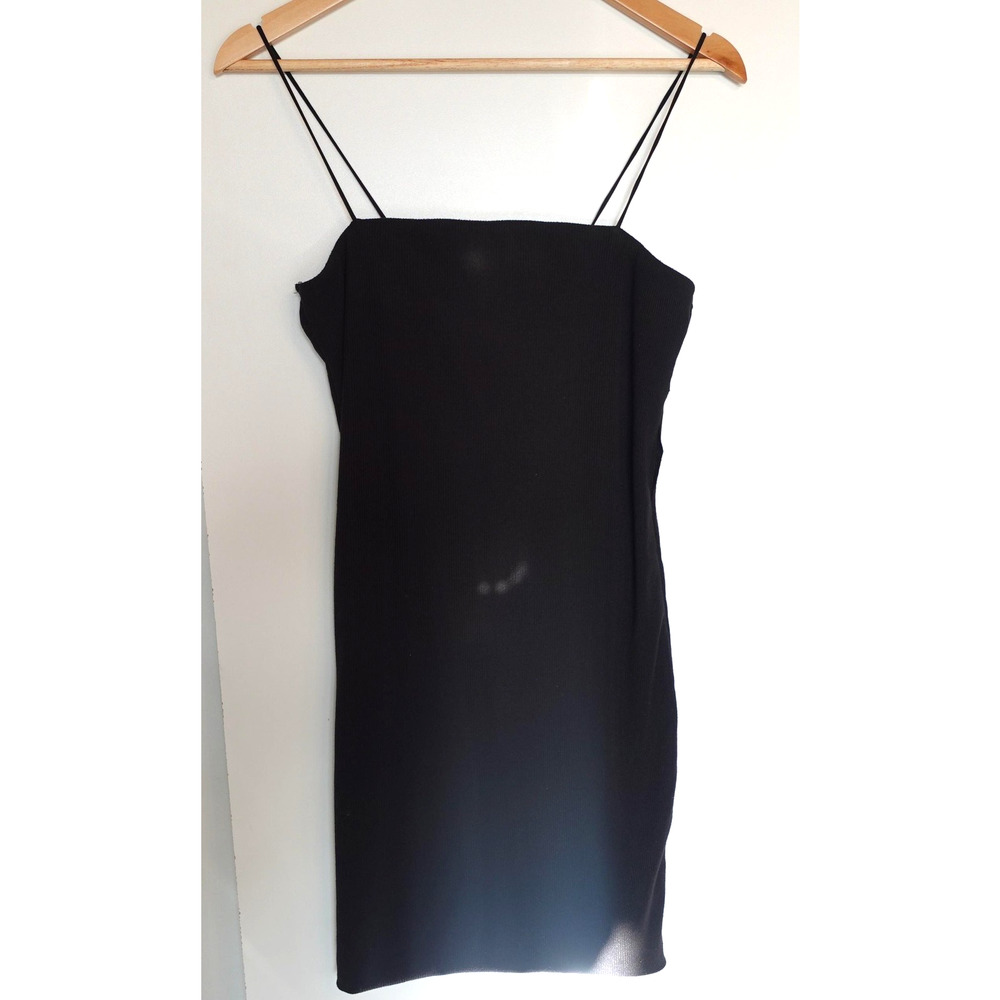Y2K Dress Womens Medium Black Ribbed Spaghetti Strap Mini Bodycon Square Neck